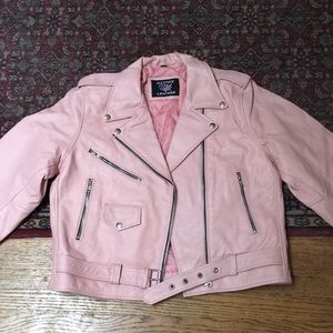 Pastel Pink Genuine Leather Moto Jacket